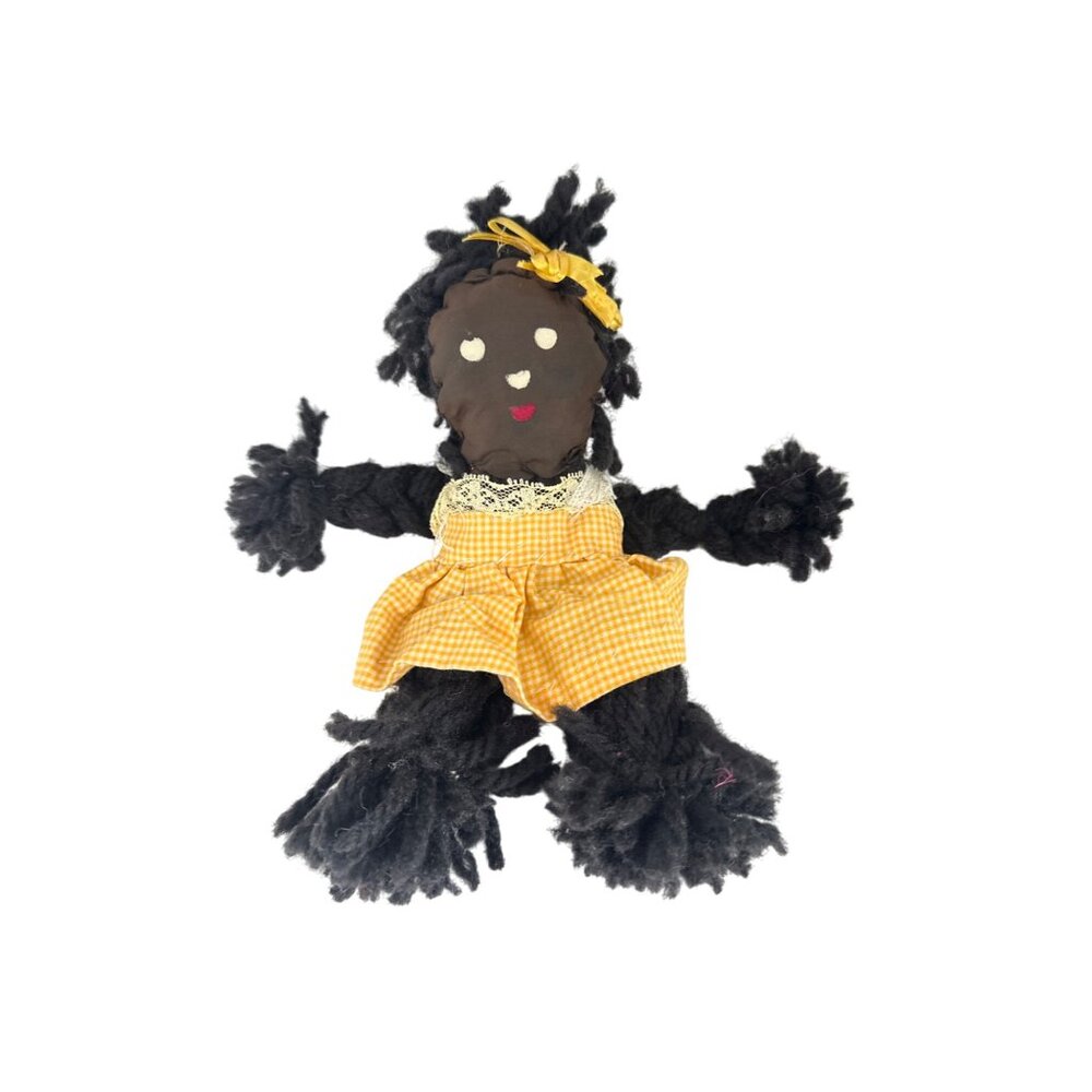 Handmade Vintage Yarn Rag Doll With Yellow Gingham Skirt & Bow 8 Inches Tall Sof